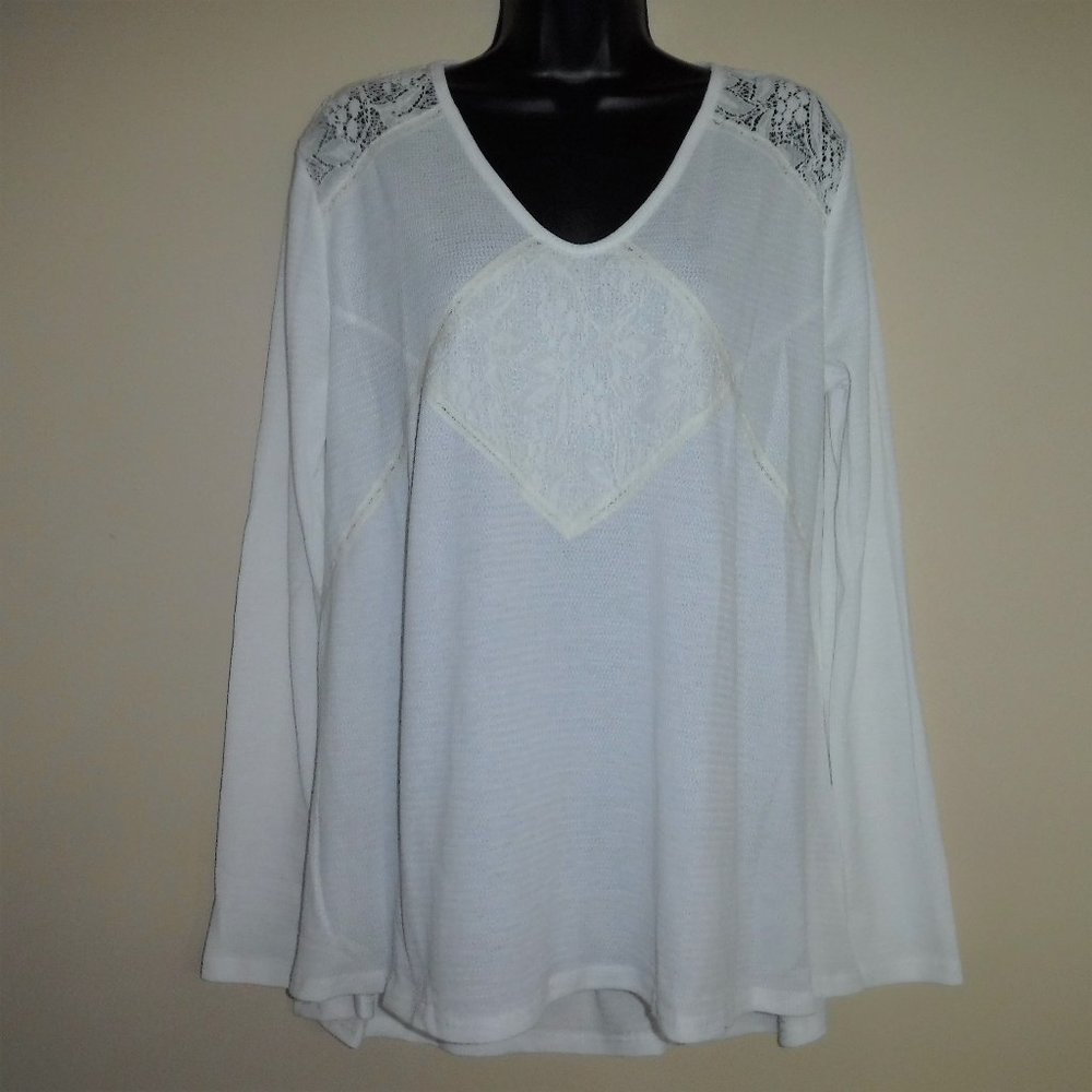 NWT Mittoshop White Waffle Thermal Lace V Neck Top